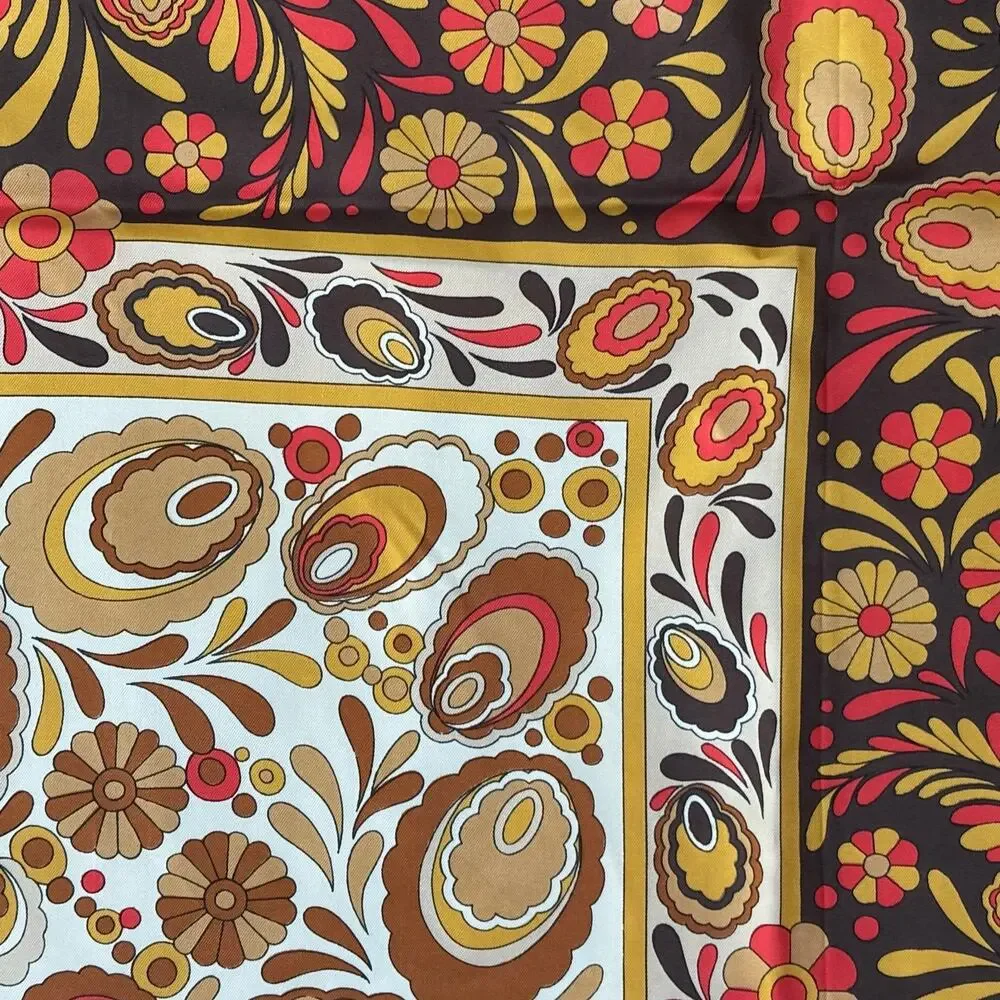 Vintage 70s silky square scarf brown tan gold orange paisley print hand rolled